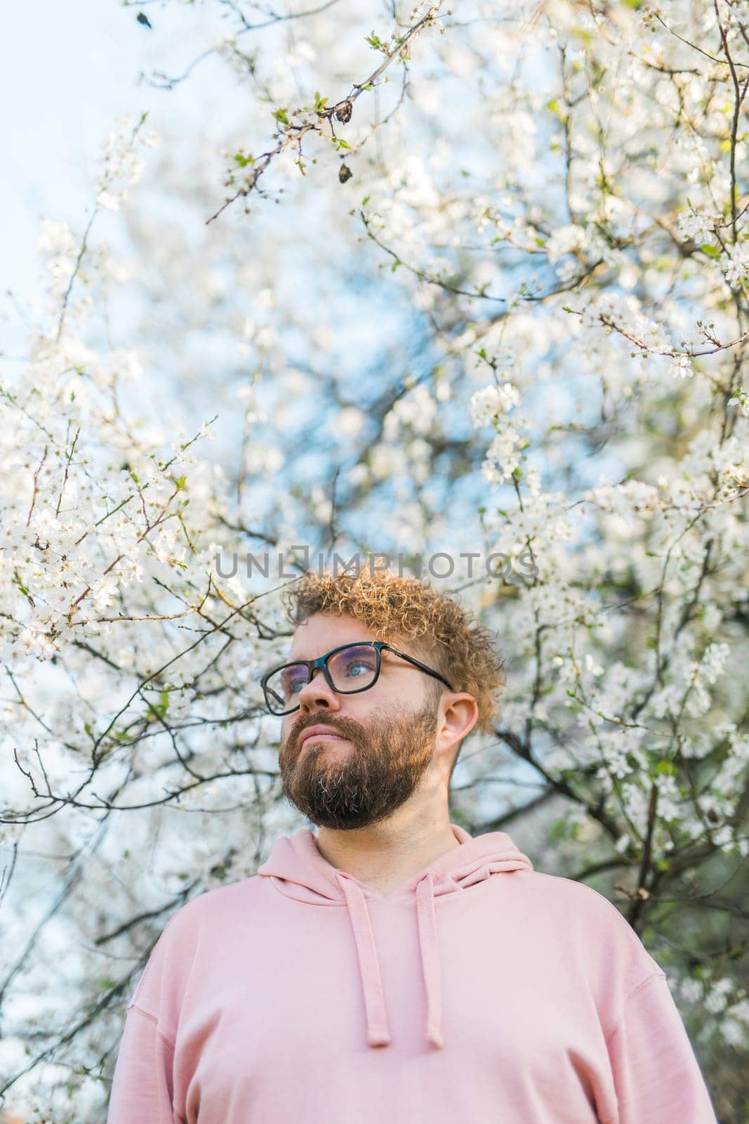 Male bearded guy standing under branches with flowers of blooming almond or cherry tree in spring garden. Spring blossom. Copy space