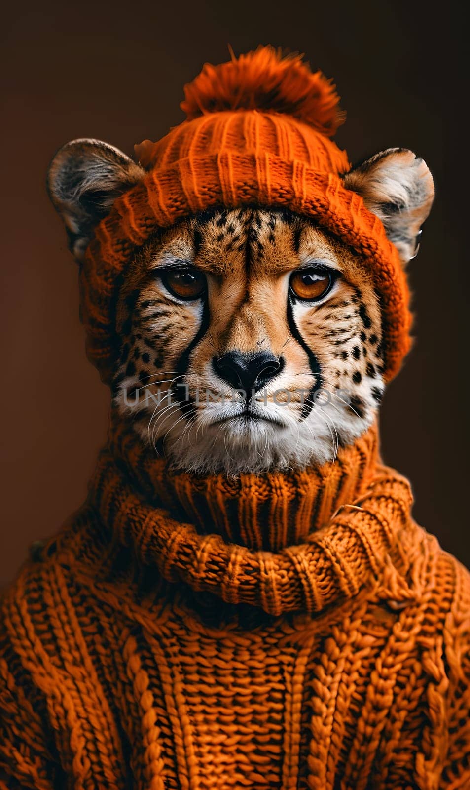 A Felidae member, the cheetah, dons a unique look with an orange hat and sweater. Unlike Bengal tigers and Siberian tigers, cheetahs are known for their speed and distinctive spots