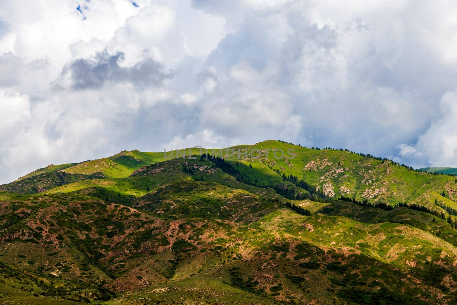 Green mountain against cloudy sky with grassy slope by z1b