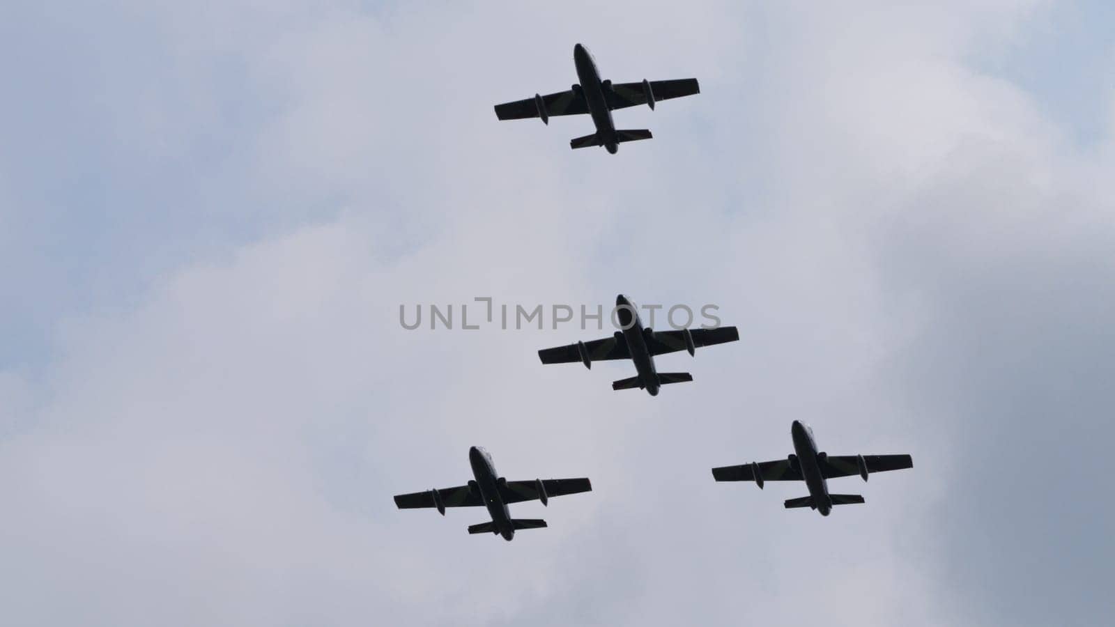 Istrana Italy April 5 2024: Military Acrobatic in Flight in Formation. Copy Space. Aermacchi MB-339 of Frecce Tricolori the Italian Air Force Aerobatic Team.