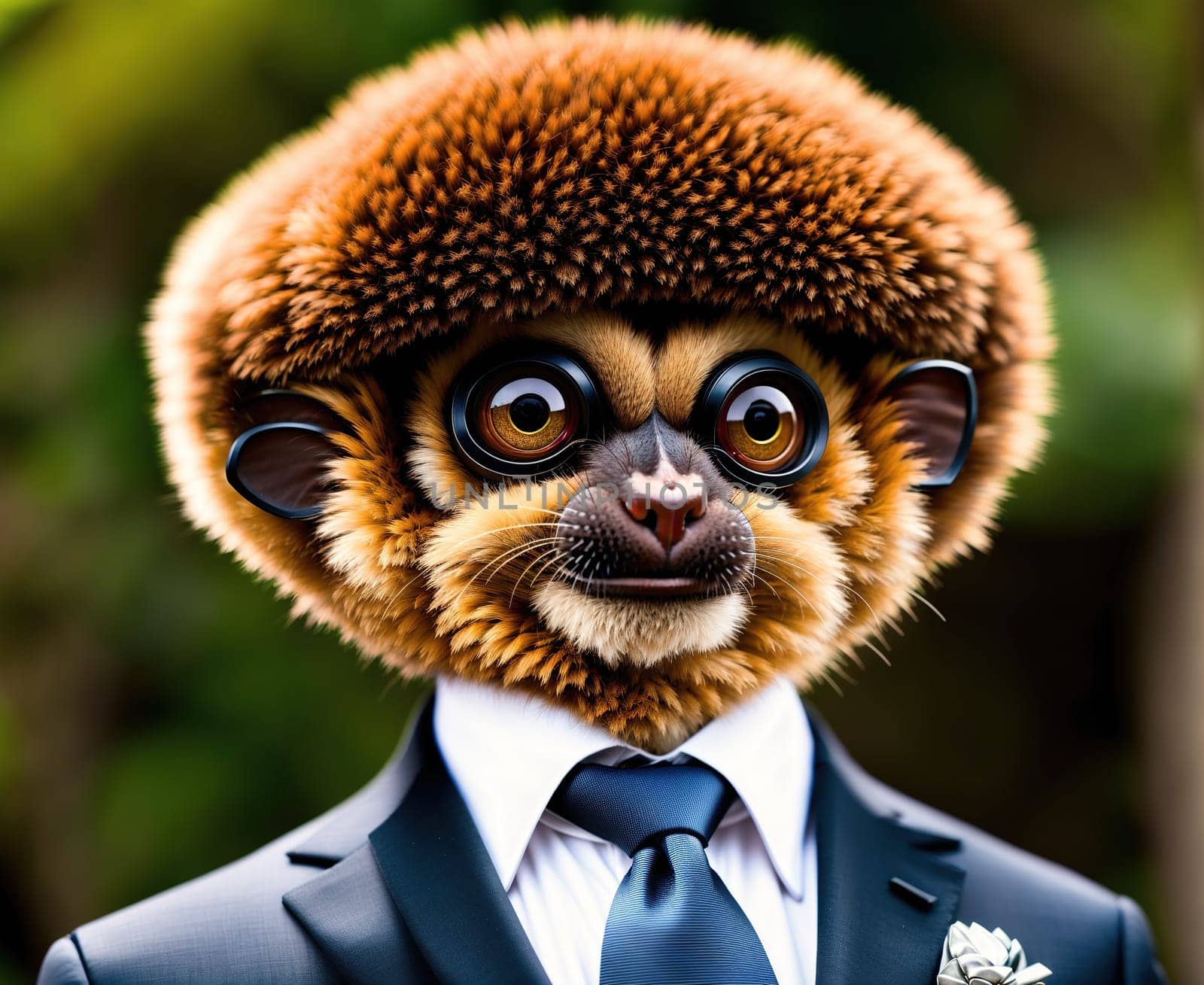 The image shows a monkey wearing a suit and tie, with a serious expression on its face.