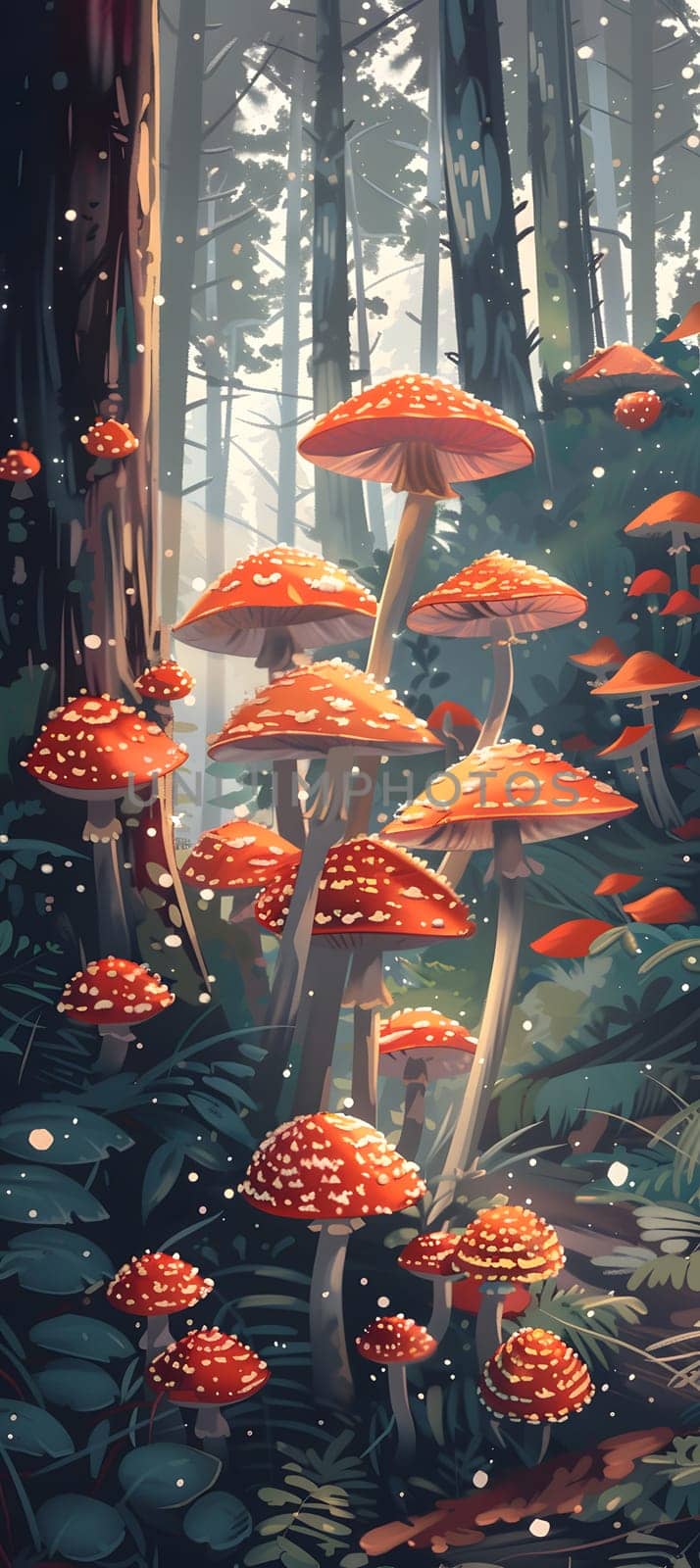 A cluster of mushrooms thrives in the heart of a lush forest, adding tints and shades to the natural landscape. These terrestrial plants are like fashion accessories in this annual plant event