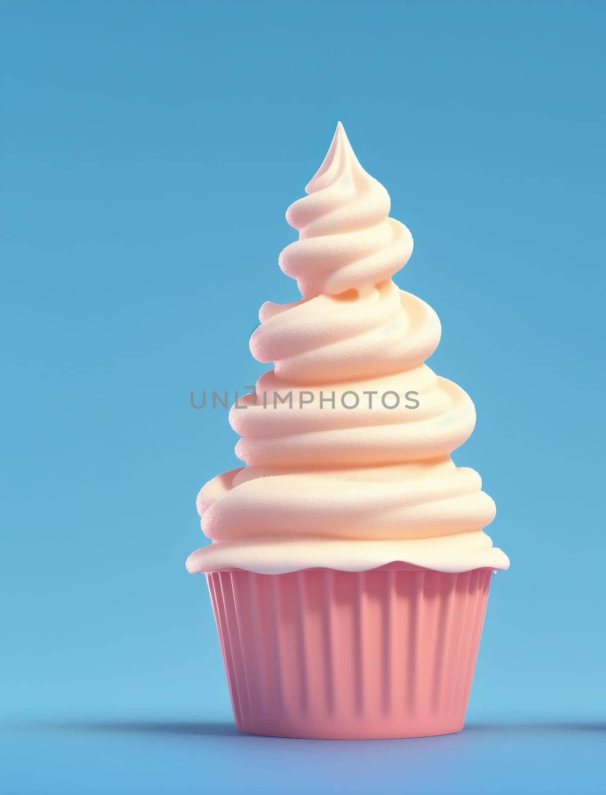 The image is a 3D rendering of a pink cupcake with white frosting and a pink cherry on top.