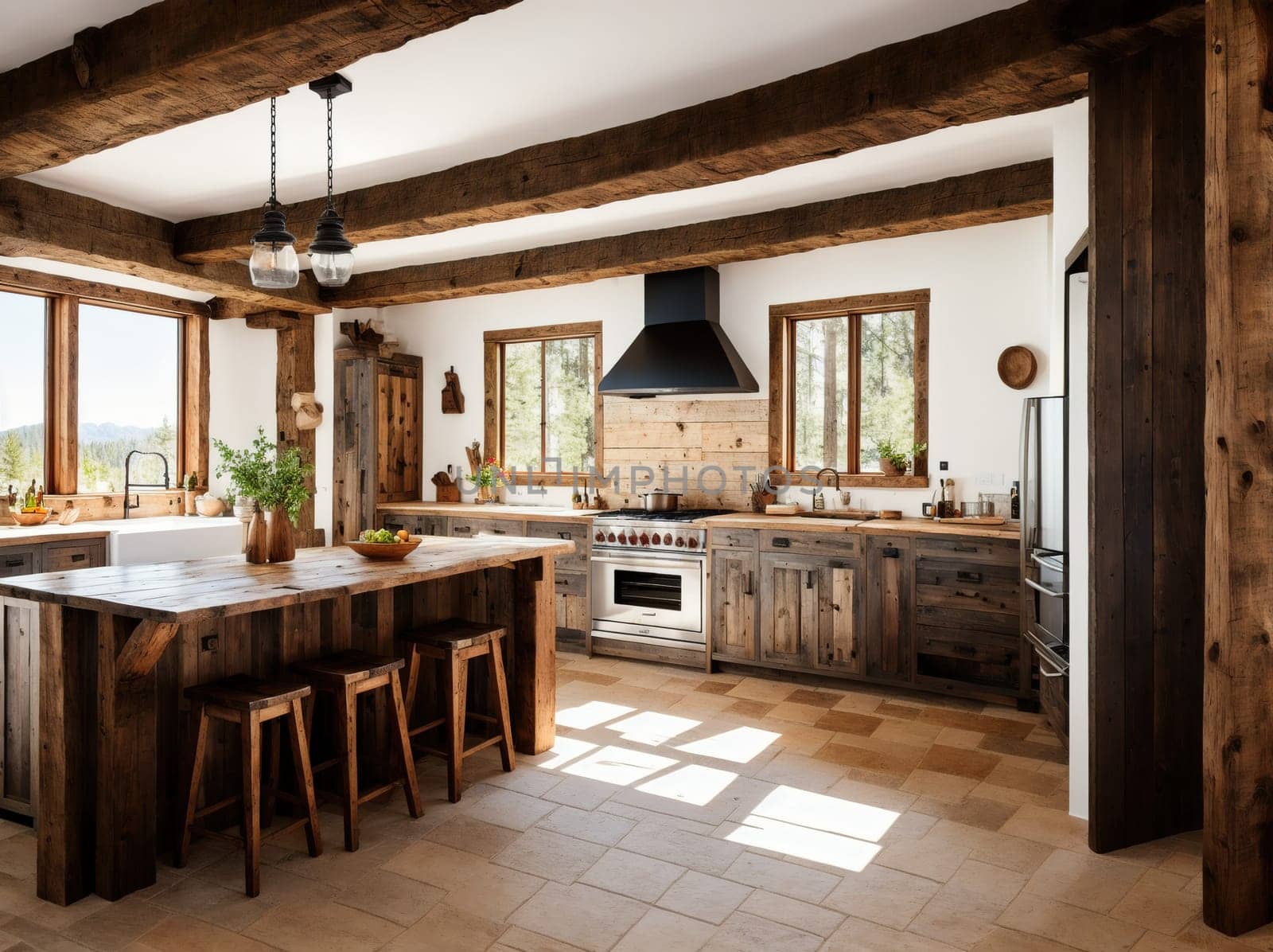 The image shows a large kitchen with wooden beams on the ceiling, wooden floors, and a large wooden island in the center of the room.