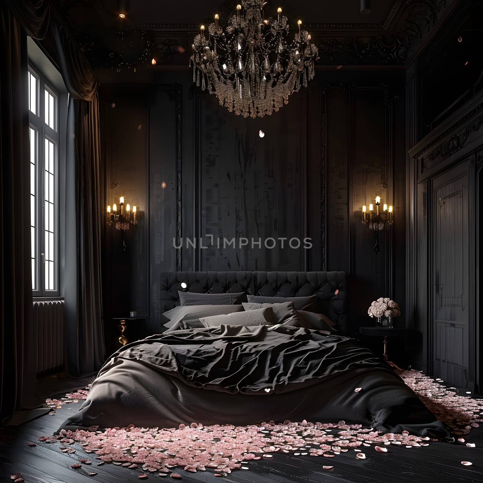 A bedroom featuring a spacious bed with a chic chandelier, builtin wooden bed frame, and hardwood flooring for a cozy and elegant interior design