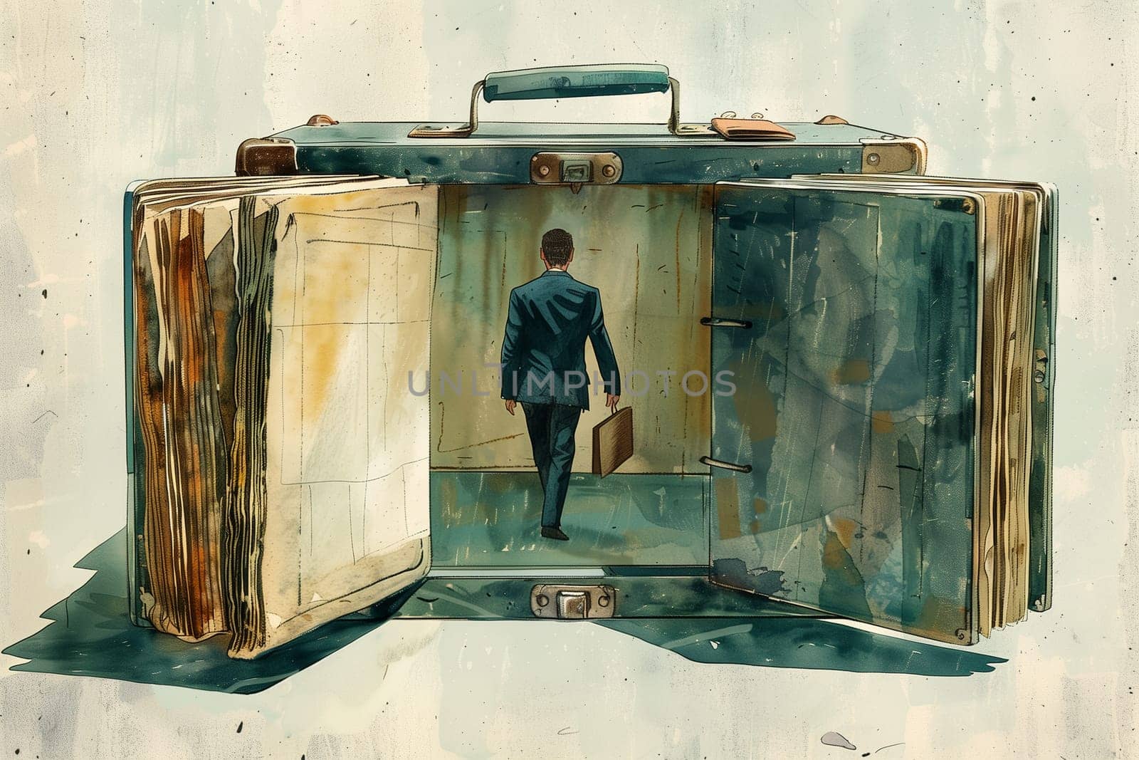 A painting depicting a man standing in an open suitcase, dressed in a suit. The man appears to be contemplating or preparing for travel.