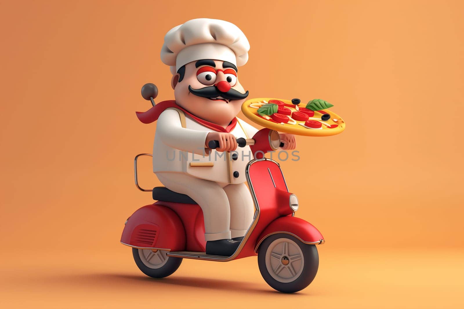 A fun cartoon character rides a moped while holding a delicious pizza in hand.
