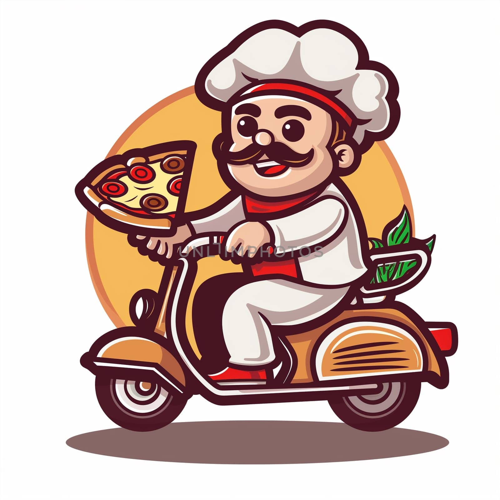 A man riding a scooter while holding a pizza in his hand.