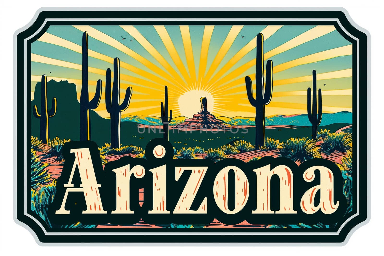 A sign displaying Arizona with a desert landscape in the background under a clear sky.