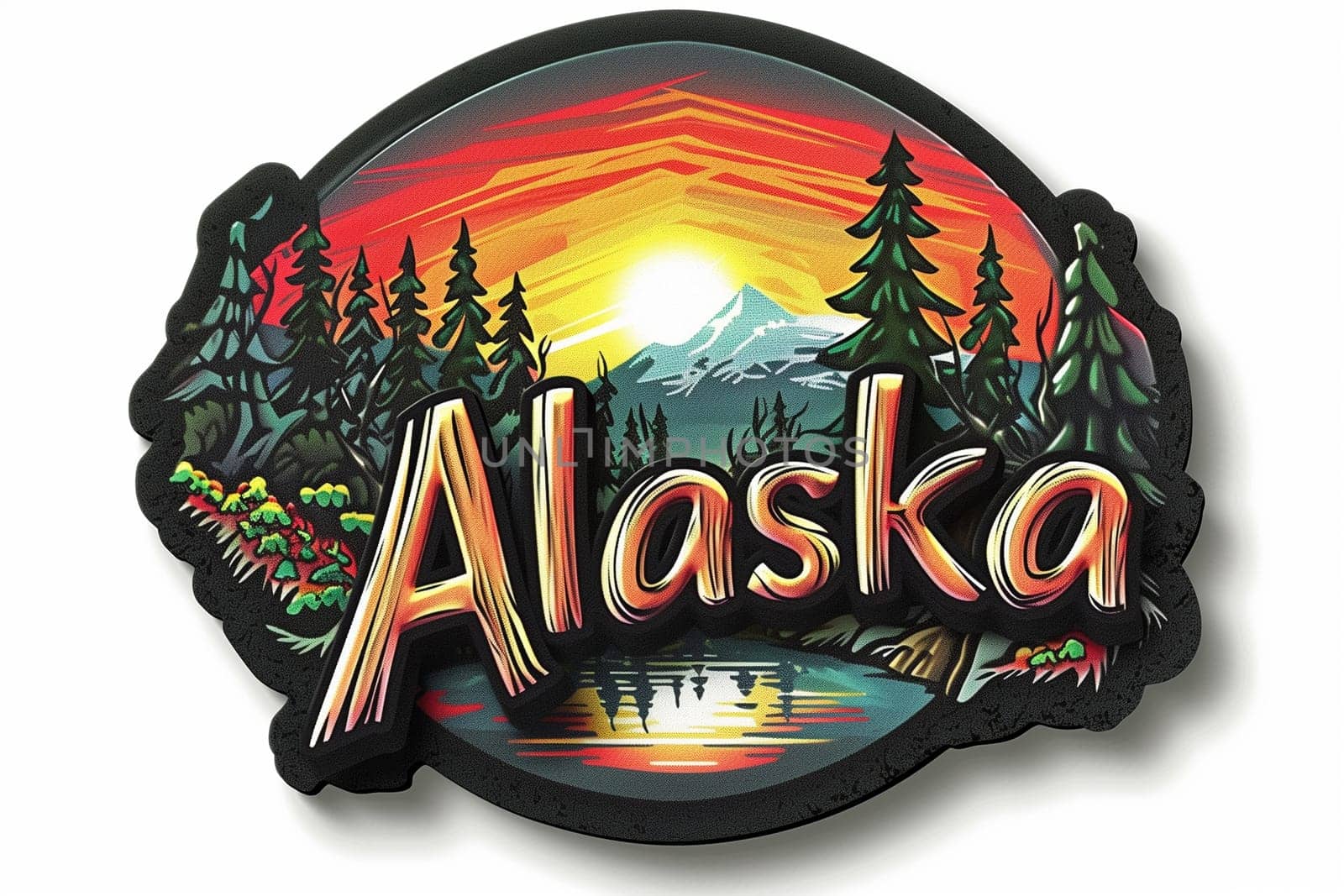 Sticker with the word Alaska placed in front of a mountain, showcasing the states natural beauty and rugged landscapes.