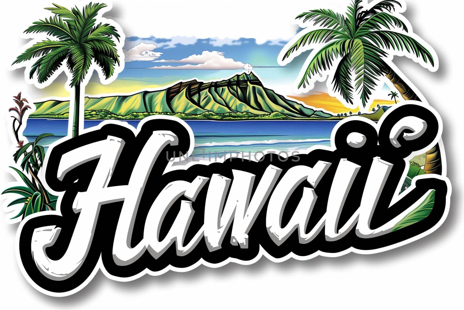 Hawaii Sticker Surrounded by Tropical Flowers and Palm Trees by Sd28DimoN_1976