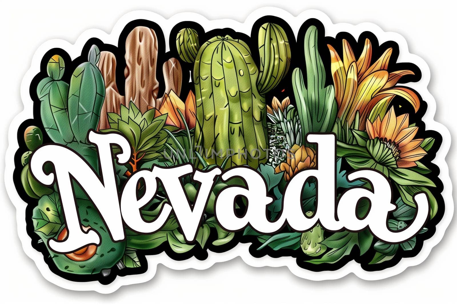 A sticker featuring the word Nevada surrounded by illustrations of cacti plants.