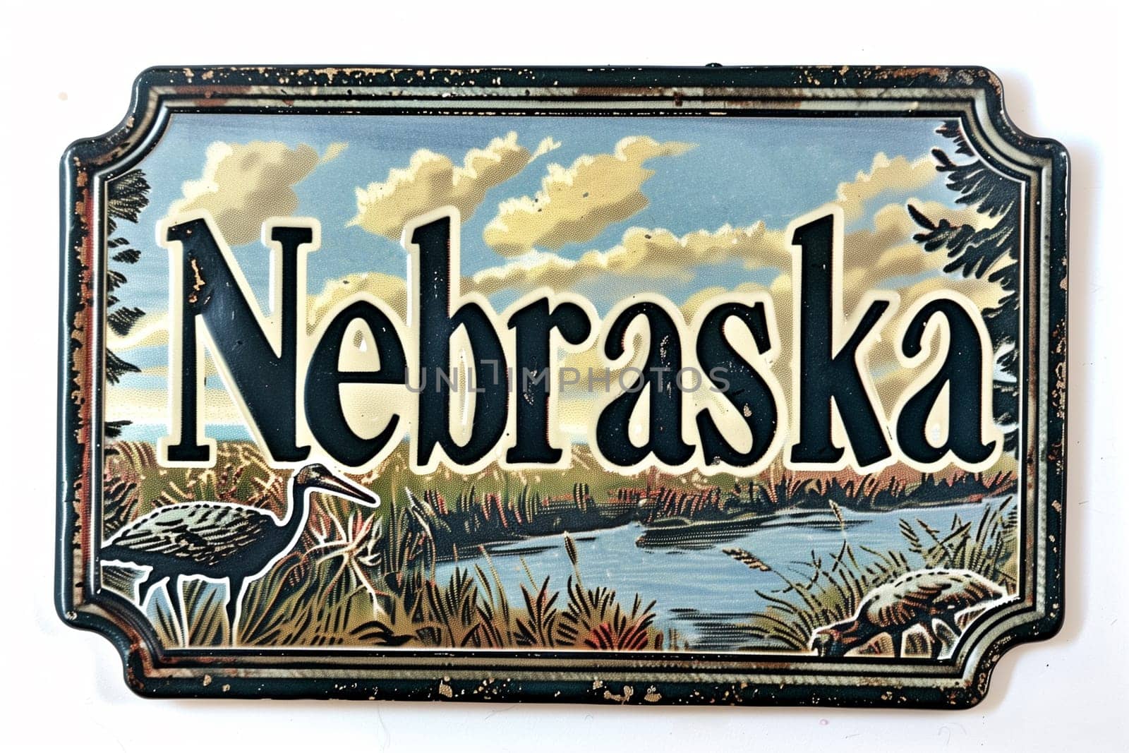 A sign displaying Nebraska in bold letters, located outdoors.