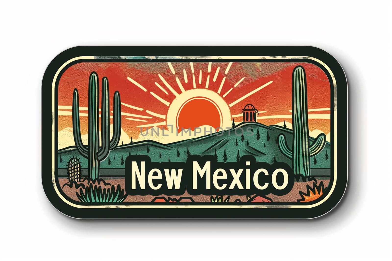 Metal tin with a printed desert scene on the lid, featuring cacti, sand dunes, and a clear blue sky. New Mexico Sticker