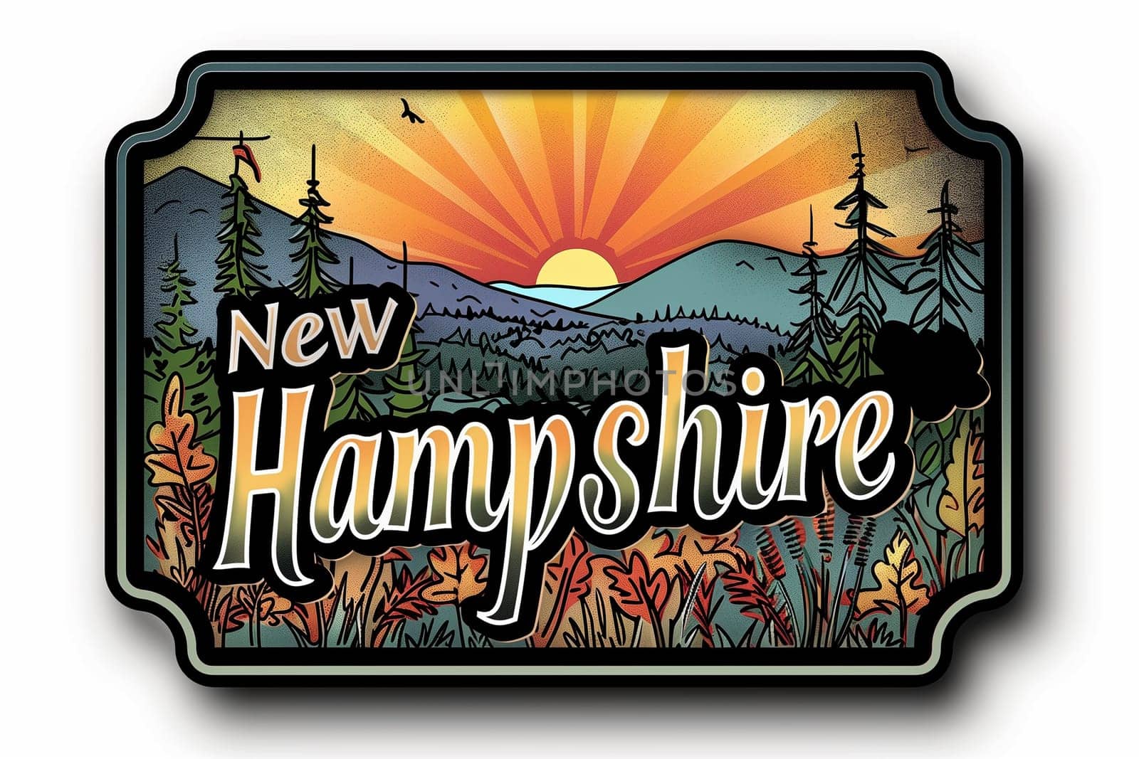 A sticker displaying the words New Hampshire in bold font.