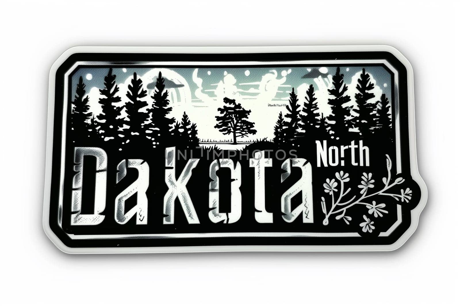 Close-up of a sticker with the words North Dakota in bold letters on a white background.