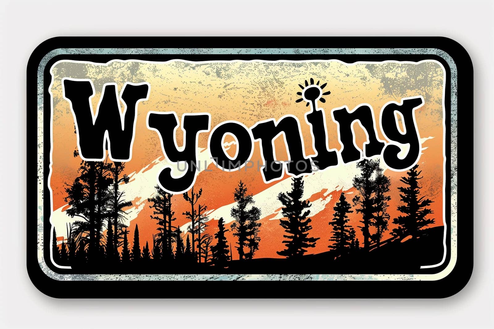 A sign with the word Wyoming stands prominently with a backdrop of lush green trees.