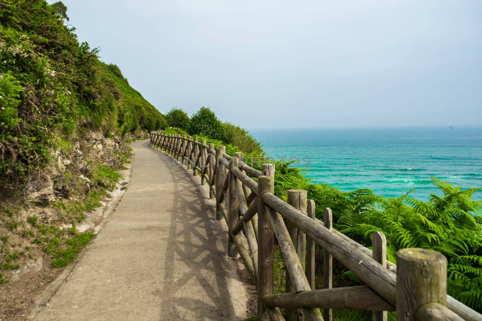 mountain trail enclosed by a wooden fence next to the Atlantic Ocean