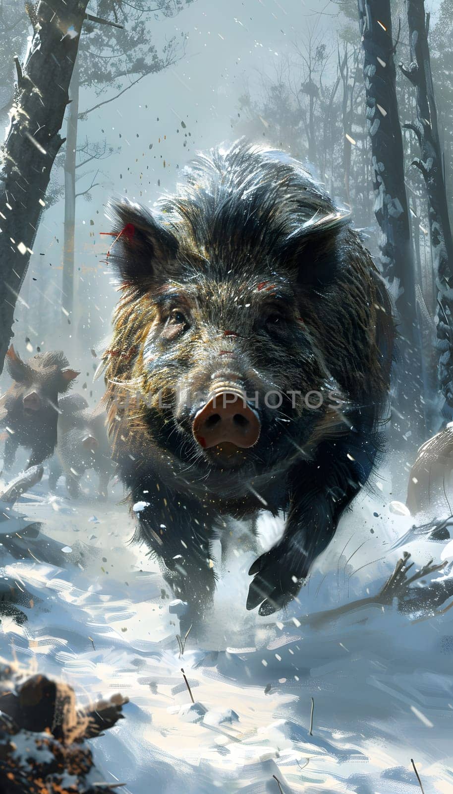 A carnivorous wild boar with a fluid running through the snowy woods by Nadtochiy