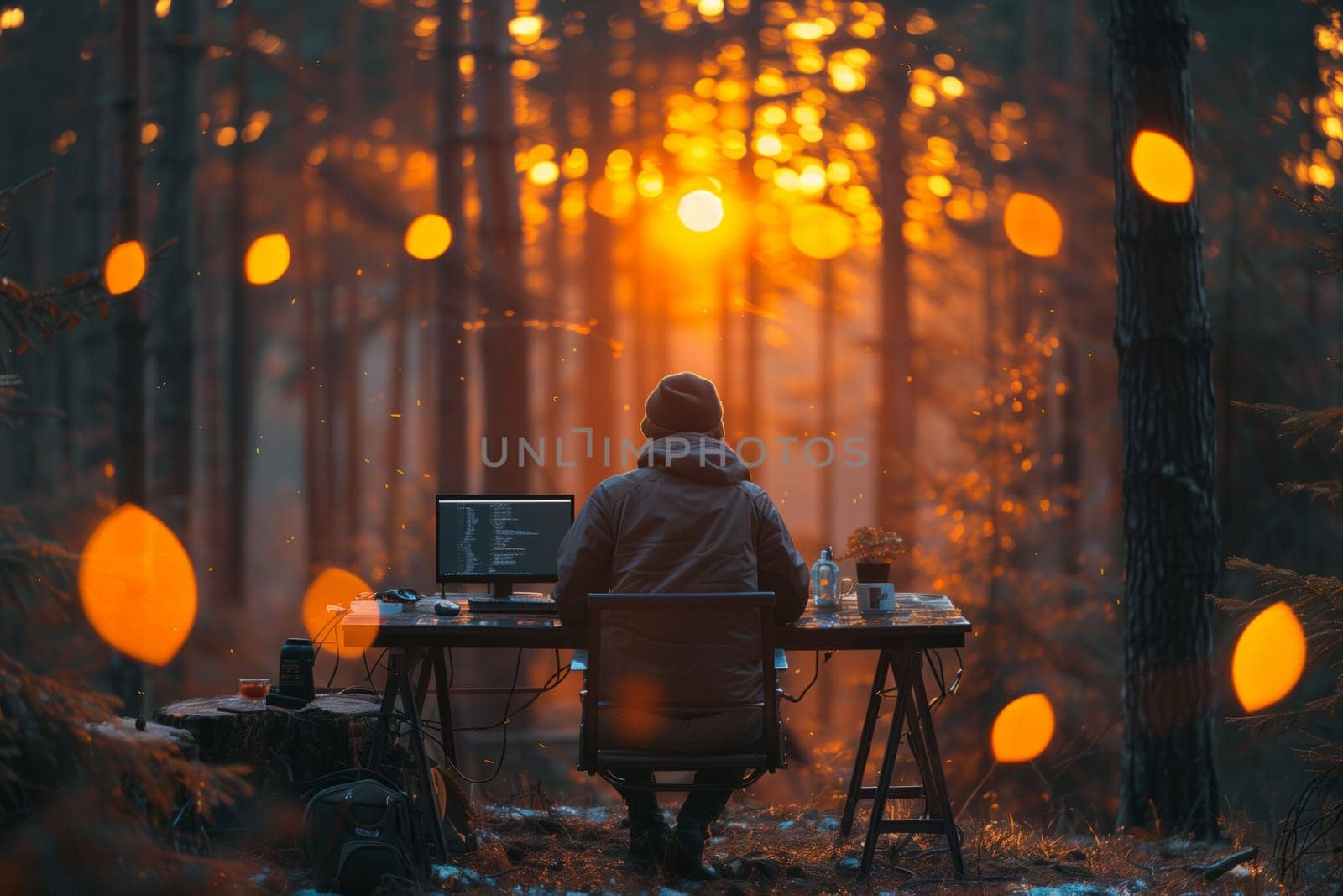 A man is sitting at a desk under a canopy of tree branches in a forest, working on a laptop as sunlight filters through the orange tints of dusk