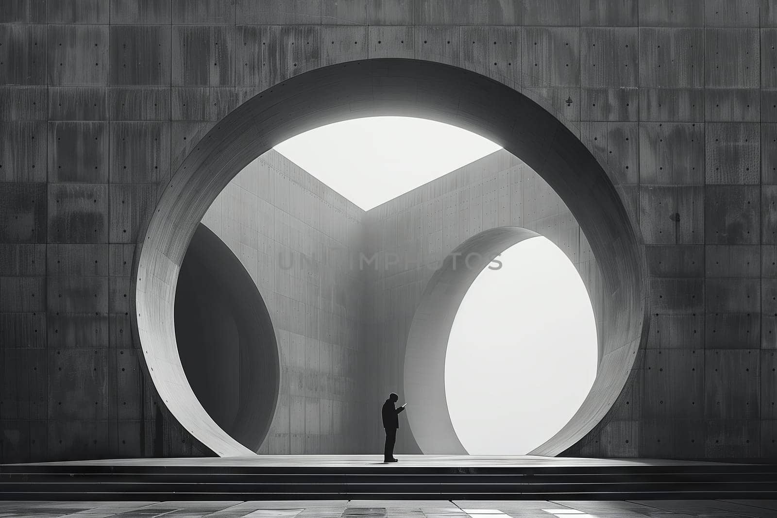 Monochrome image of a man by a large circular archway by richwolf