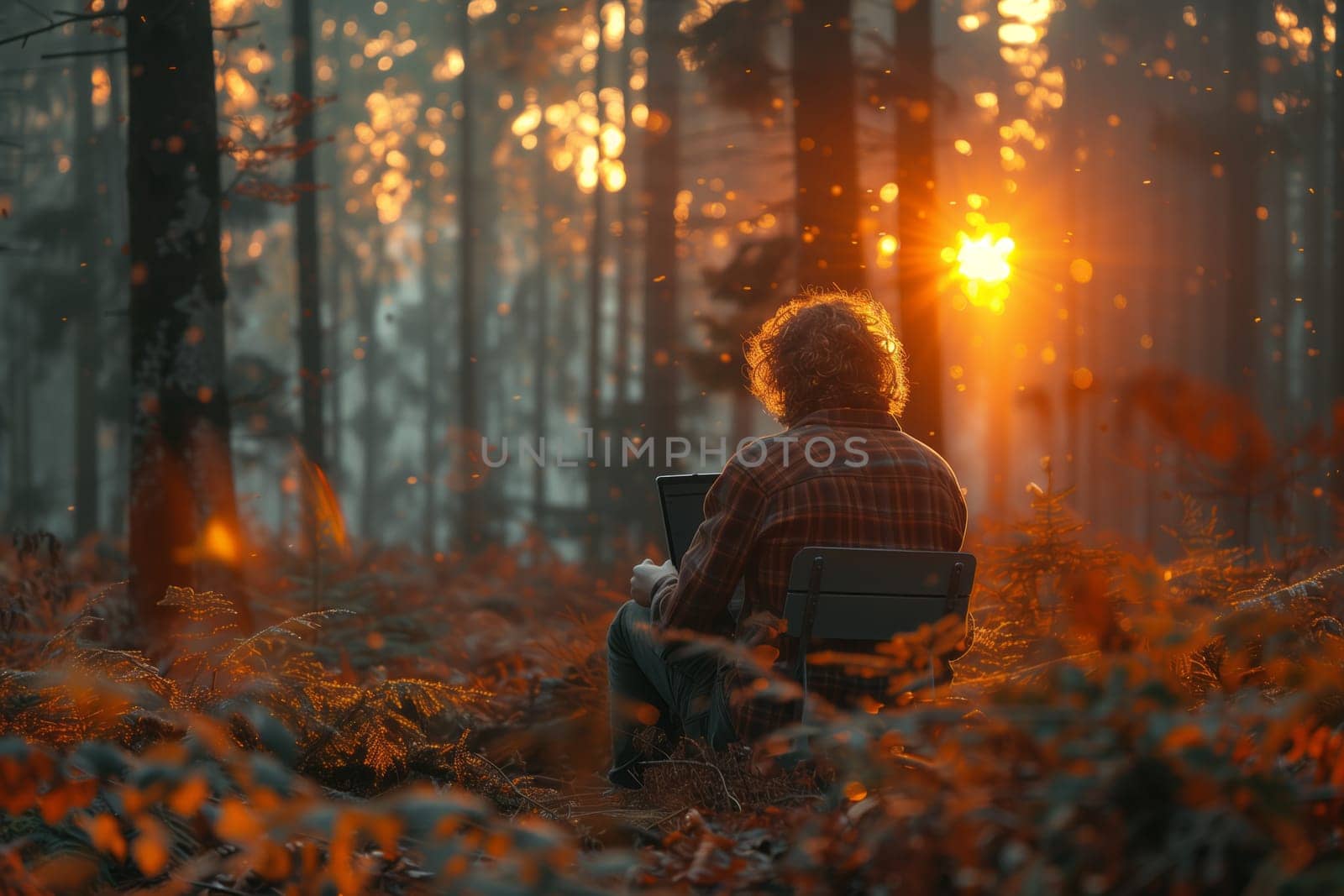 A man is sitting under a tree in the forest, using a laptop computer. The natural landscape and heat of the deciduous wood surrounds him, providing a peaceful setting for his work