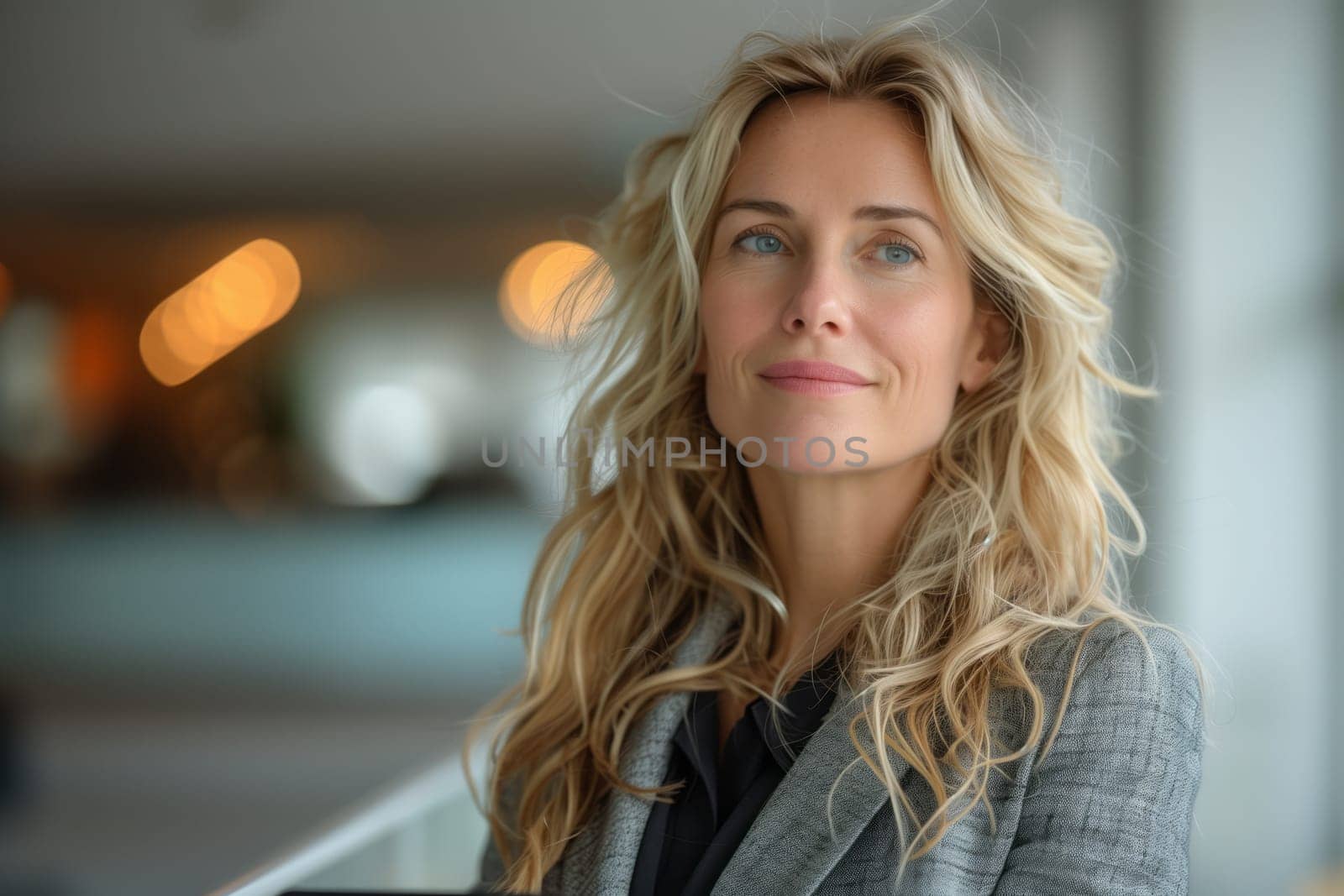 A happy woman with layered blonde hair smiling and making eye contact by richwolf