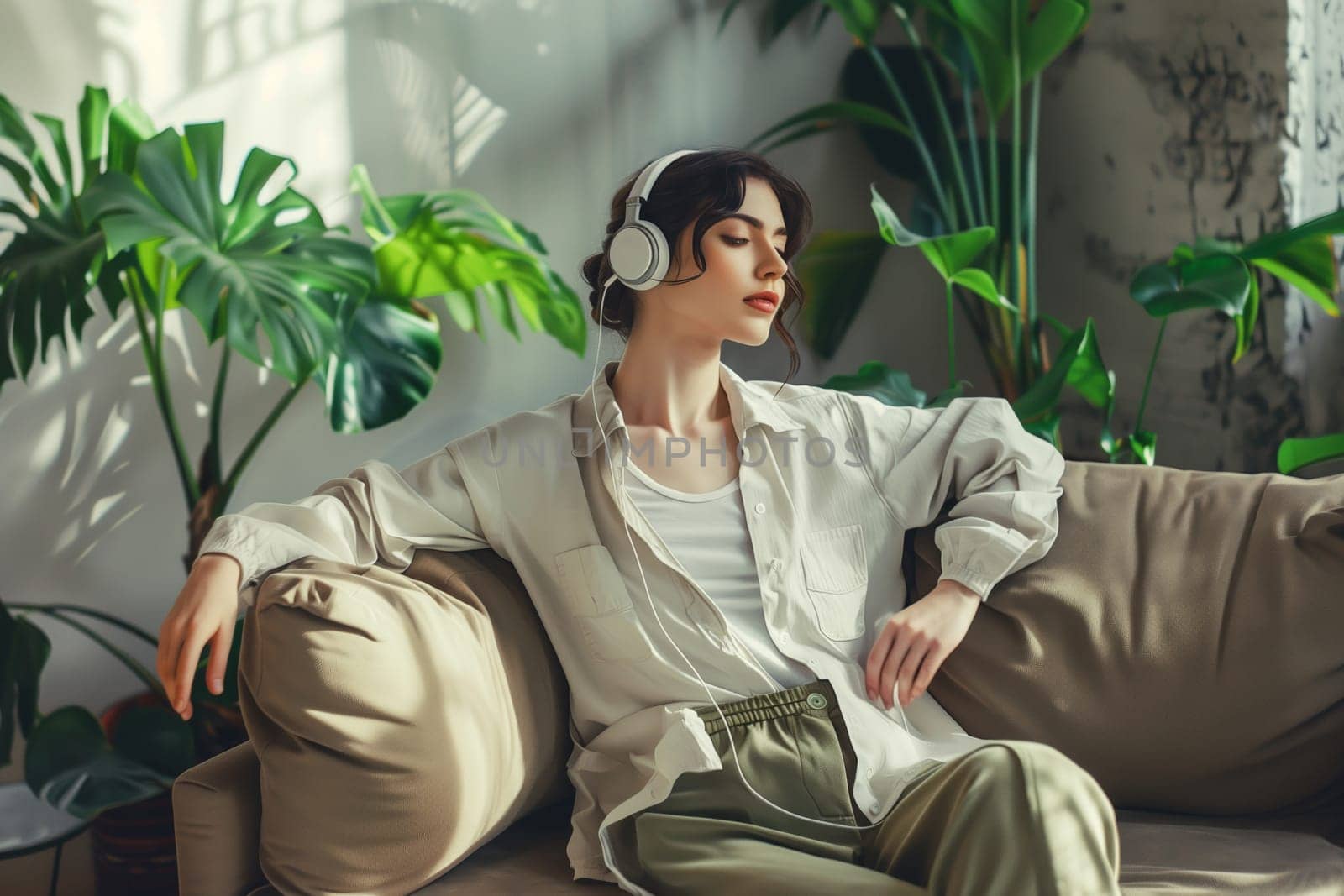 Happy young woman relaxing at home listening to music with headphones with closed eyes lying on sofa in modern cozy interior with green house plants