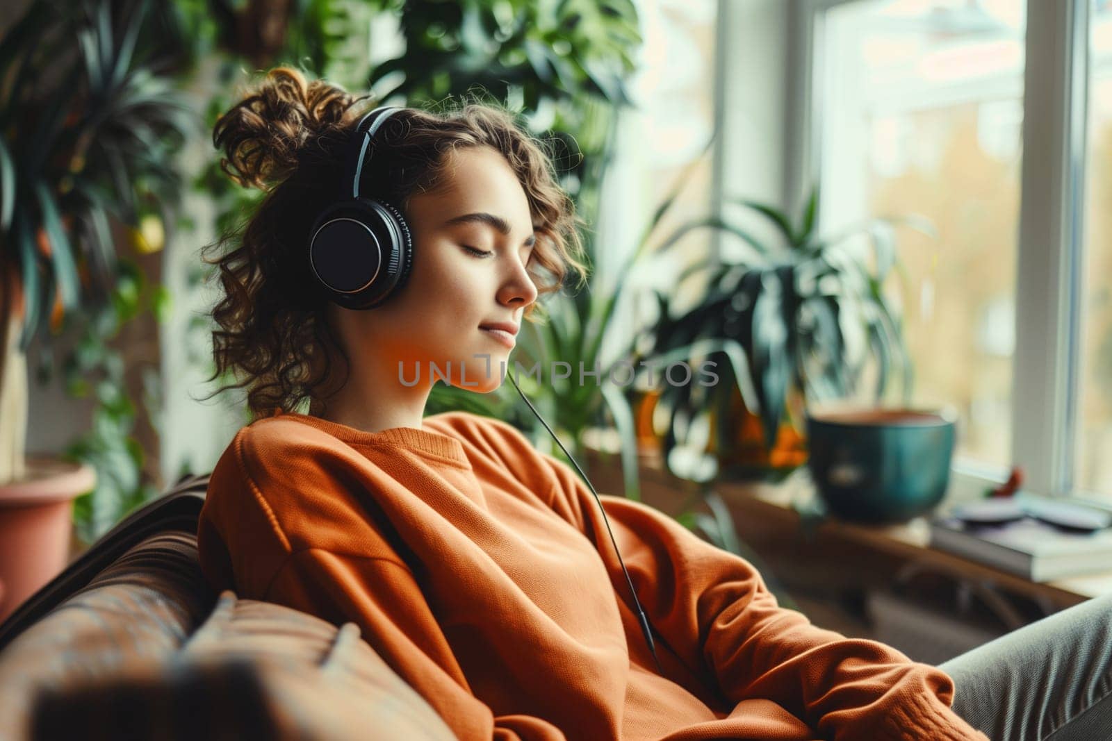 Happy young woman relaxing at home listening to music with headphones with closed eyes lying on sofa in modern cozy interior with green house plants