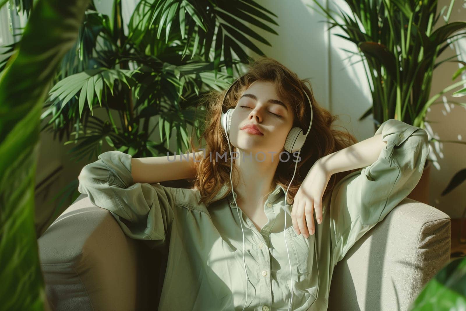Happy young woman relaxing at home listening to music with headphones with closed eyes lying on sofa in modern cozy interior with green house plants
