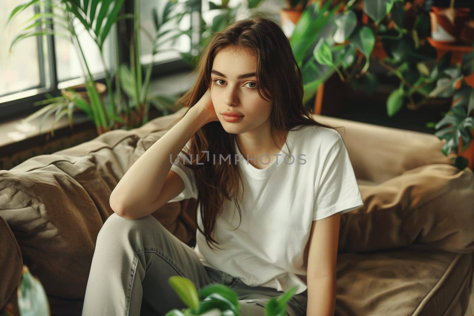 Happy young woman relaxing at home sitting on sofa in modern cozy sunny interior with green house plants, warm sunlight