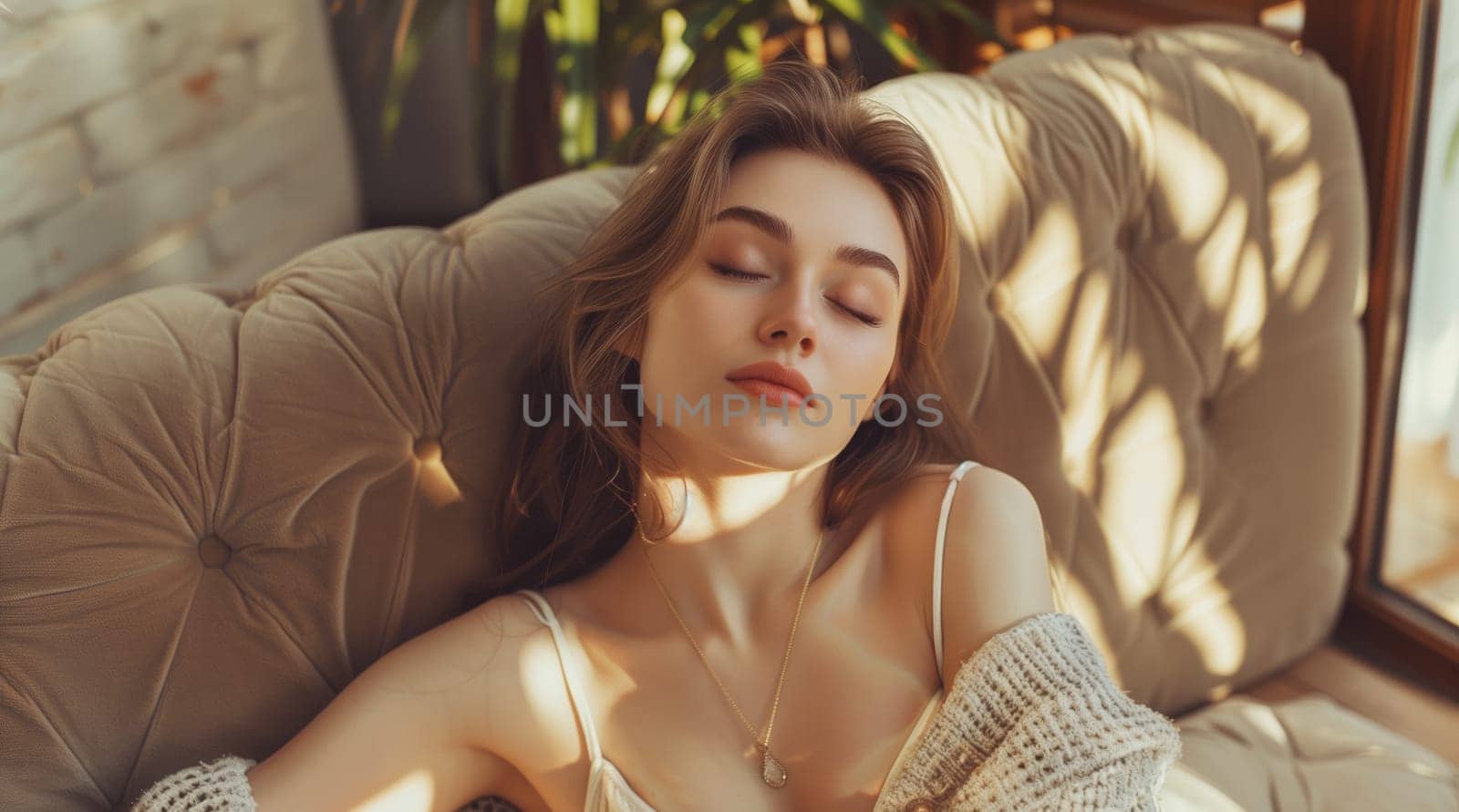 Happy young woman relaxing at home sitting on sofa in modern cozy sunny interior, warm sunlight