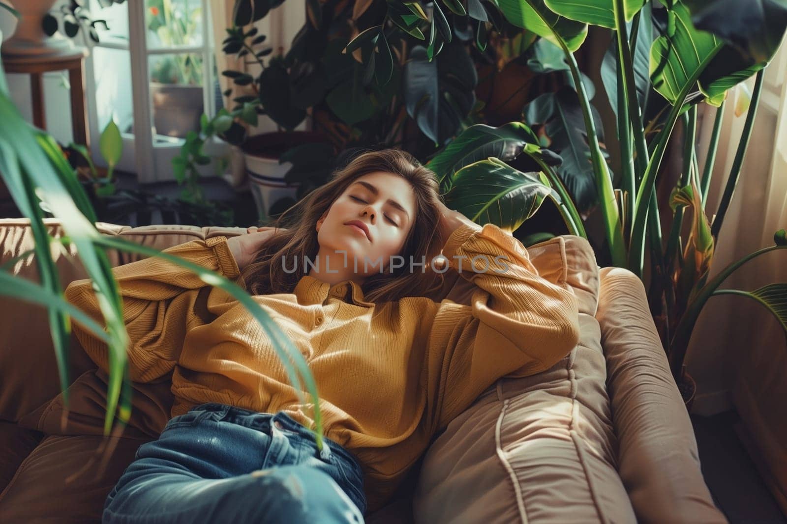Happy young woman relaxing at home sitting on sofa in modern cozy sunny interior with green house plants, warm sunlight