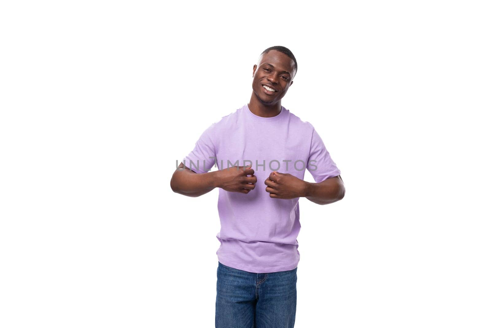 young stylish american man with short haircut dressed in a basic light purple t-shirt with space for identity printing by TRMK