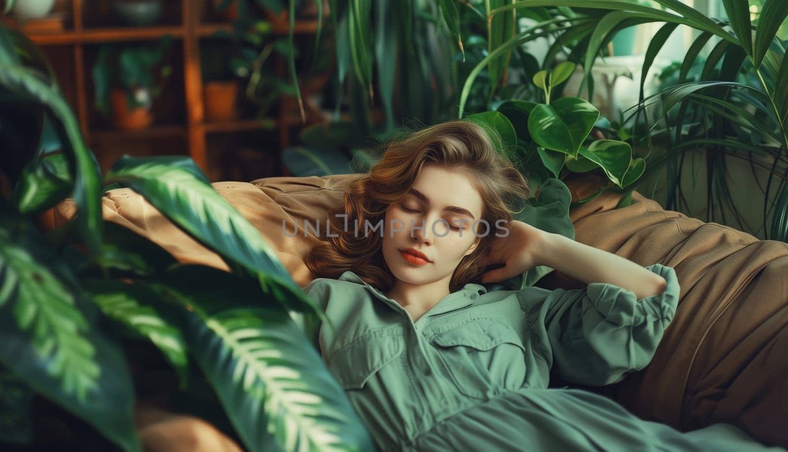 Happy young woman relaxing at home sitting on sofa in modern cozy sunny interior with green house plants, warm sunlight