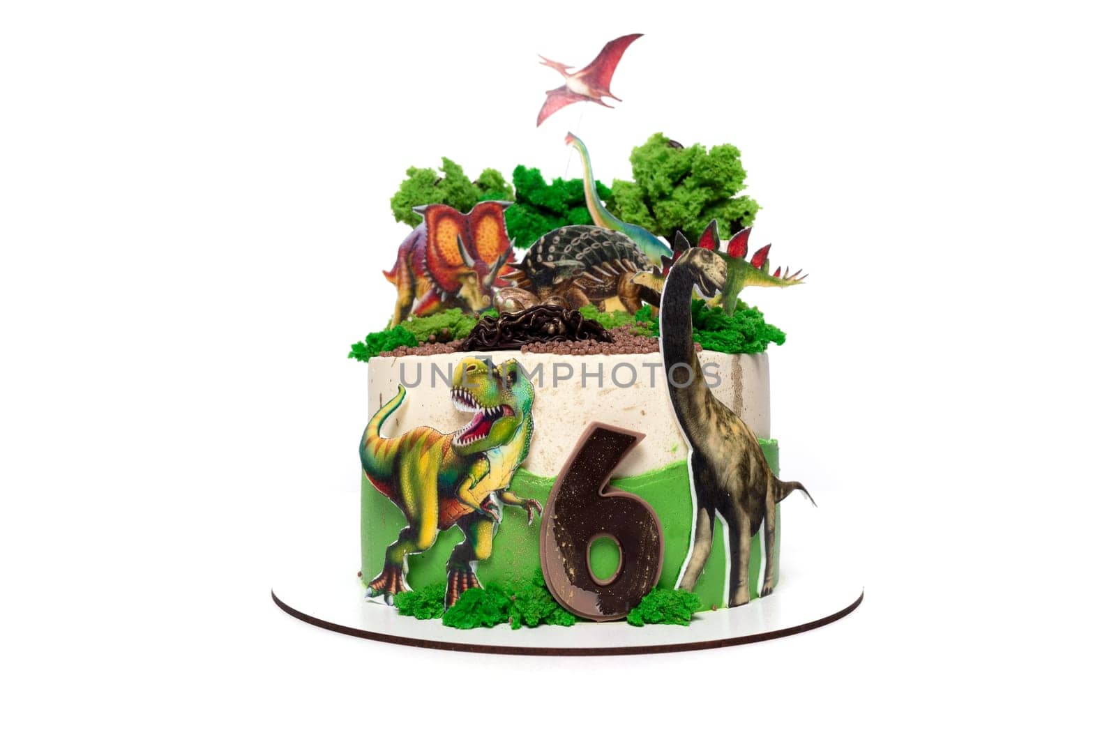 A birthday cake adorned with edible dinosaurs and plant decorations, perfect for a dinosaur-themed celebration. The cake features intricate details of different dinosaur species and lush green plant elements, creating a unique and fun design for the occasion.