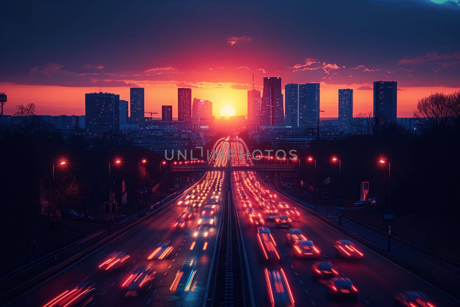 A highway stretching towards the city skyline at dusk, with towering buildings and a vibrant sky in the background creating a stunning metropolitan landscape
