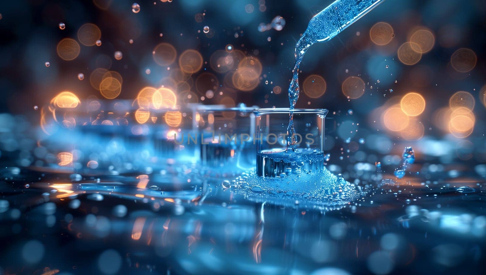 An electric blue pipette is carefully pouring water into a glass in the citys science building. The liquid movement resembles an artful event, a mesmerizing form of entertainment