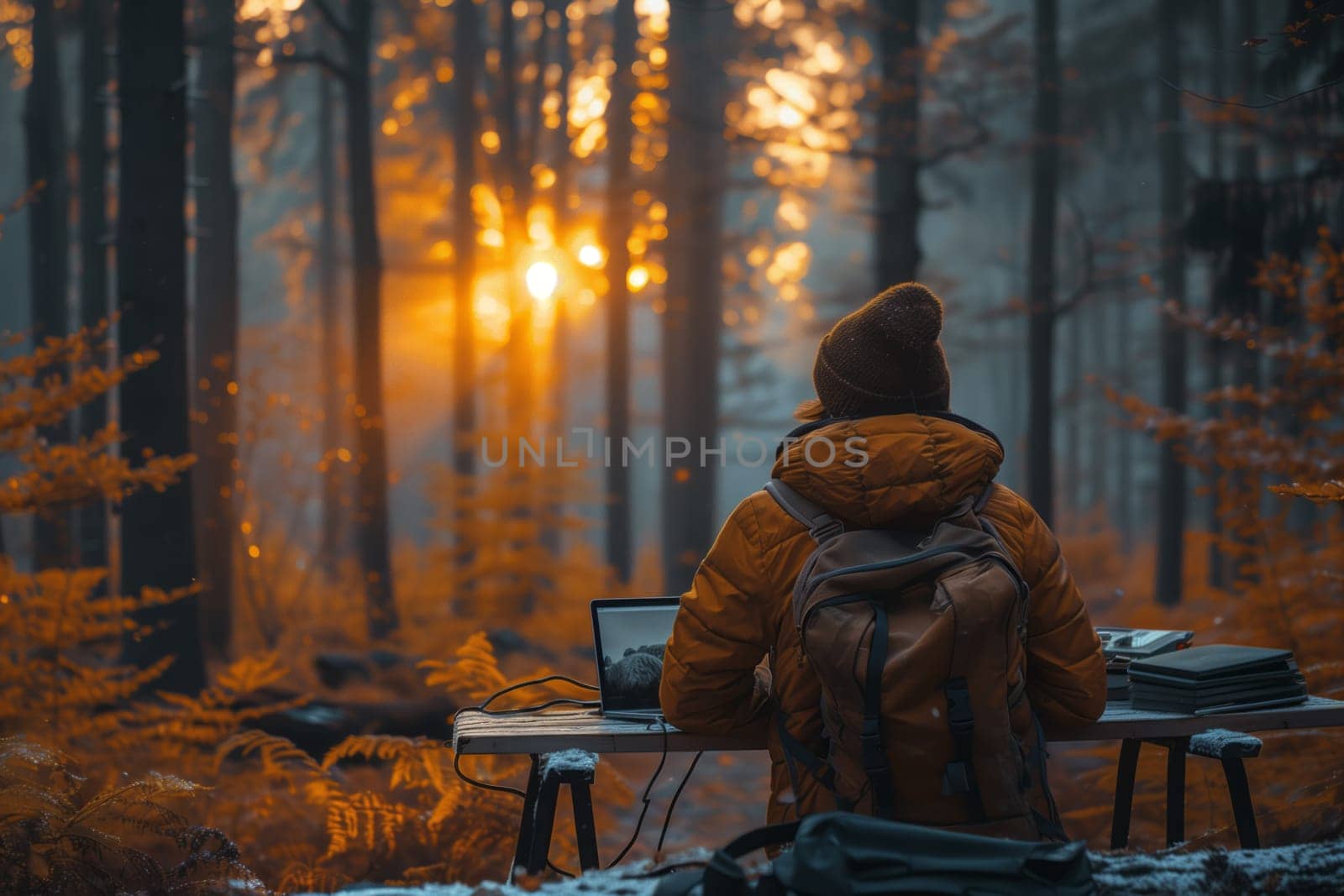 Man using laptop at wooden desk amidst forest setting by richwolf