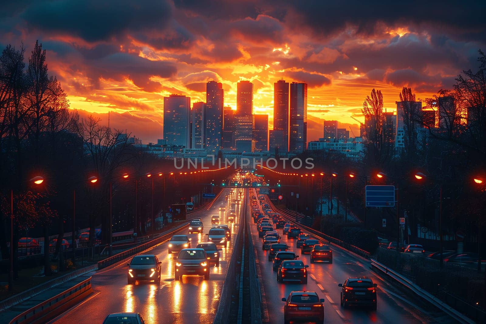 Sunset cityscape with skyscrapers, busy highway, and clouds in the sky by richwolf