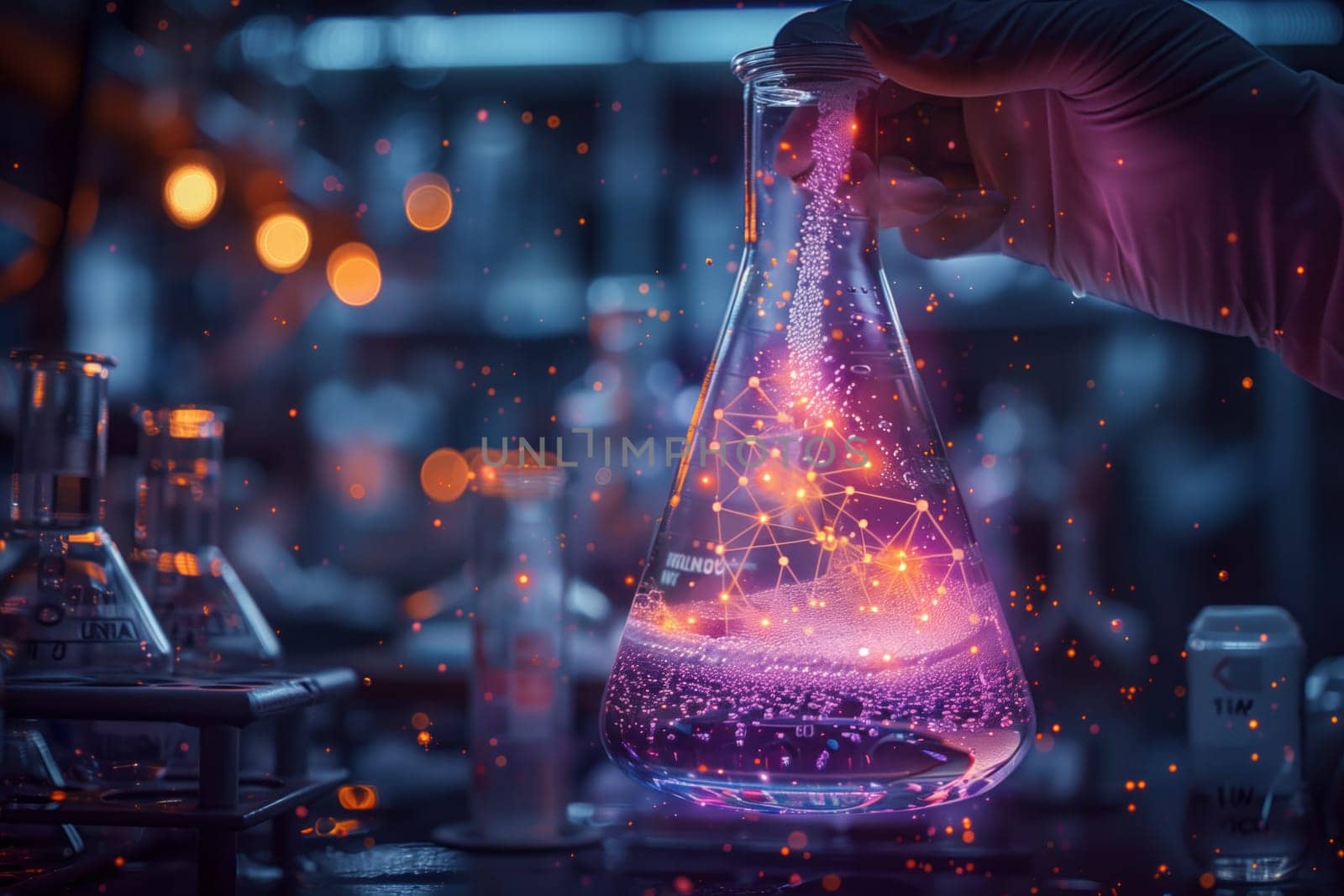 Pouring purple liquid into glass beaker during scientific experiment by richwolf