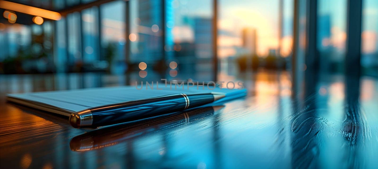 A pen and notebook sit on a table in a conference room by richwolf