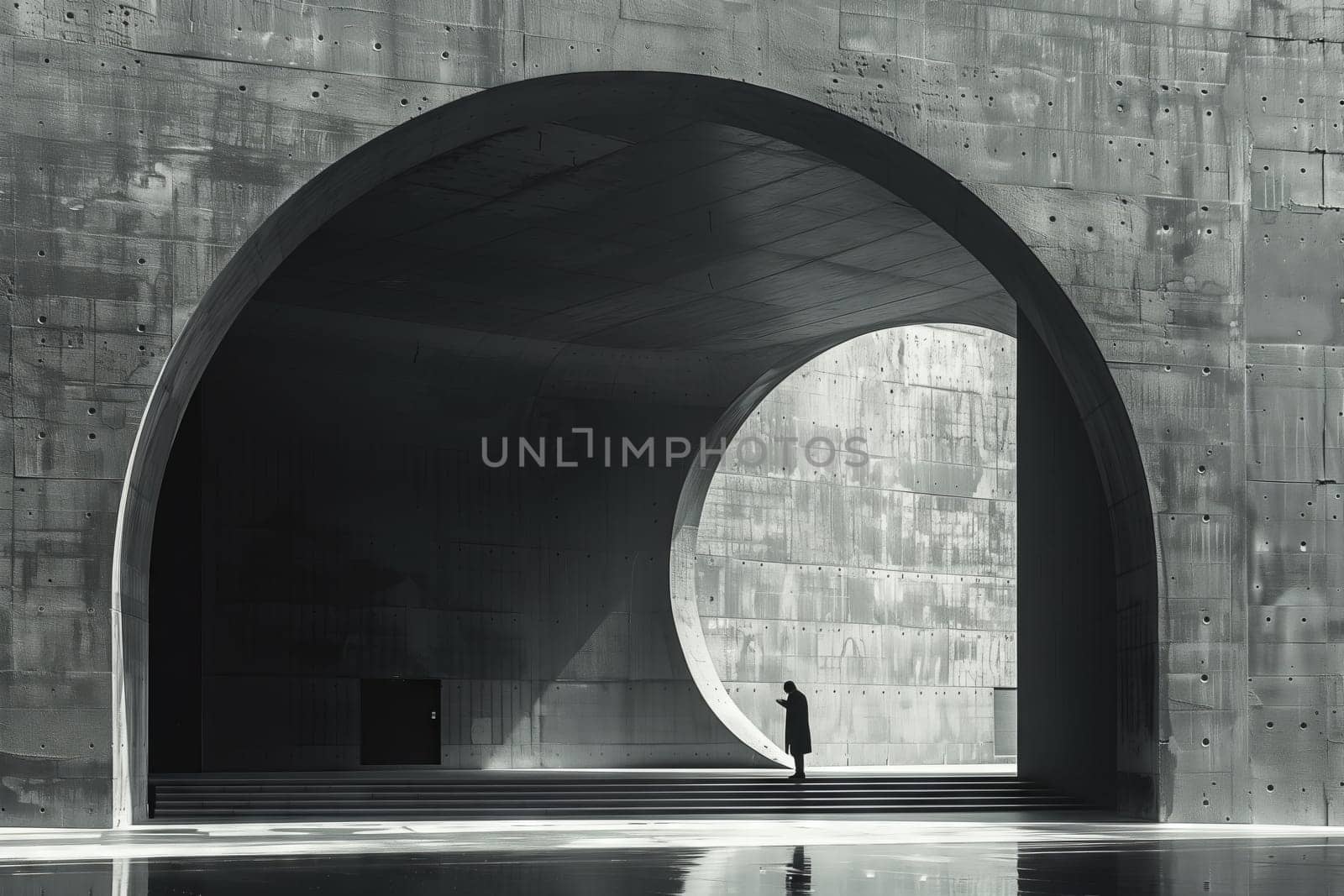 A monochrome photo of a person in a tunnel, showcasing Automotive lighting and exterior design. Symmetry between the rectangle and circle shapes creates a captivating composition