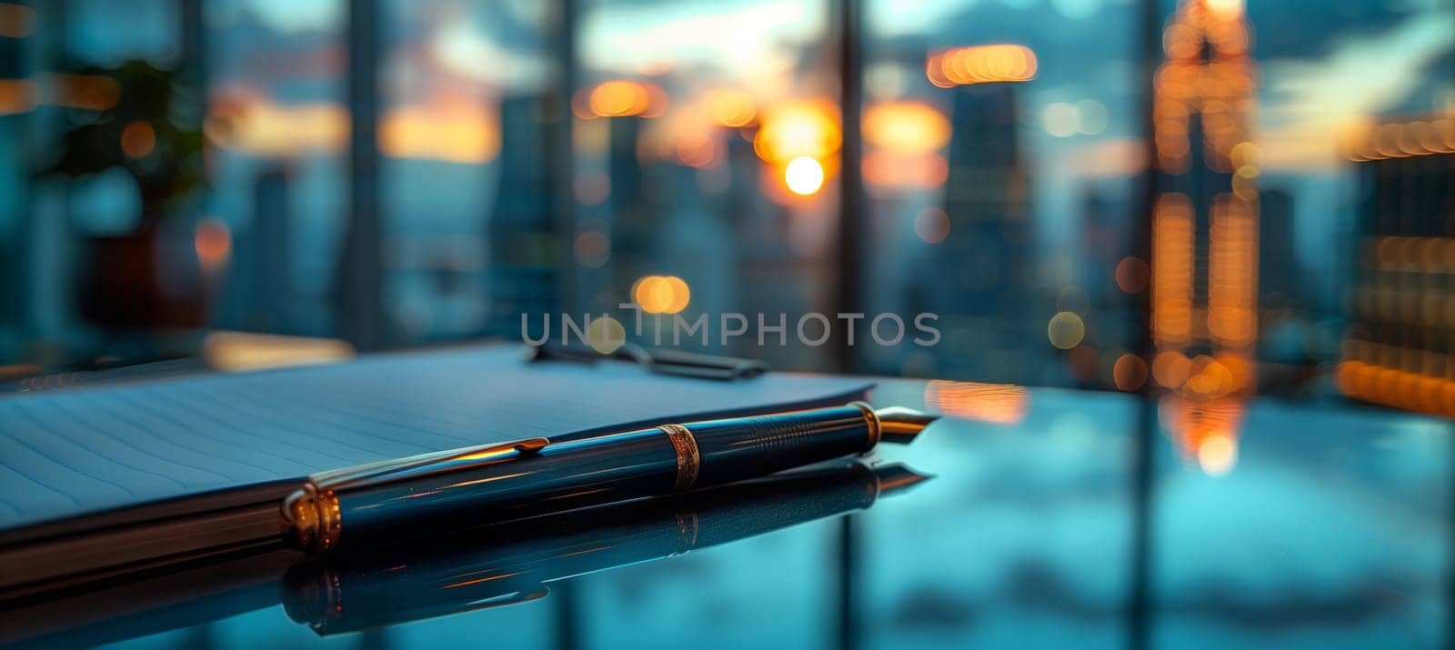 A wooden table by the window displays a notebook and a pen. The cityscape is reflected on the glass, with tints and shades creating a beautiful scene