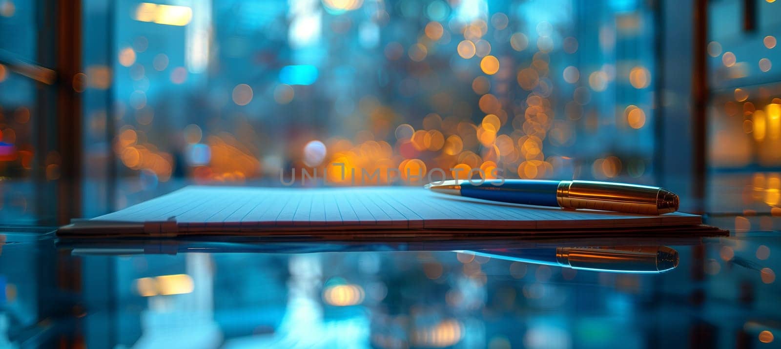 Blue pen lies atop paper on glass table, reflecting azure light by richwolf