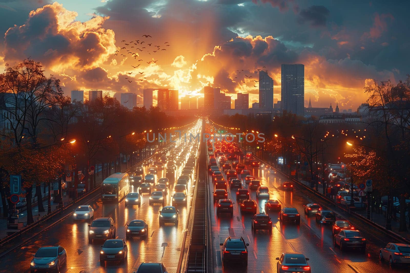 The bustling city street at sunset is filled with cars driving down it, as the sky transforms into a beautiful dusk with towering skyscrapers creating an atmospheric phenomenon in the urban world