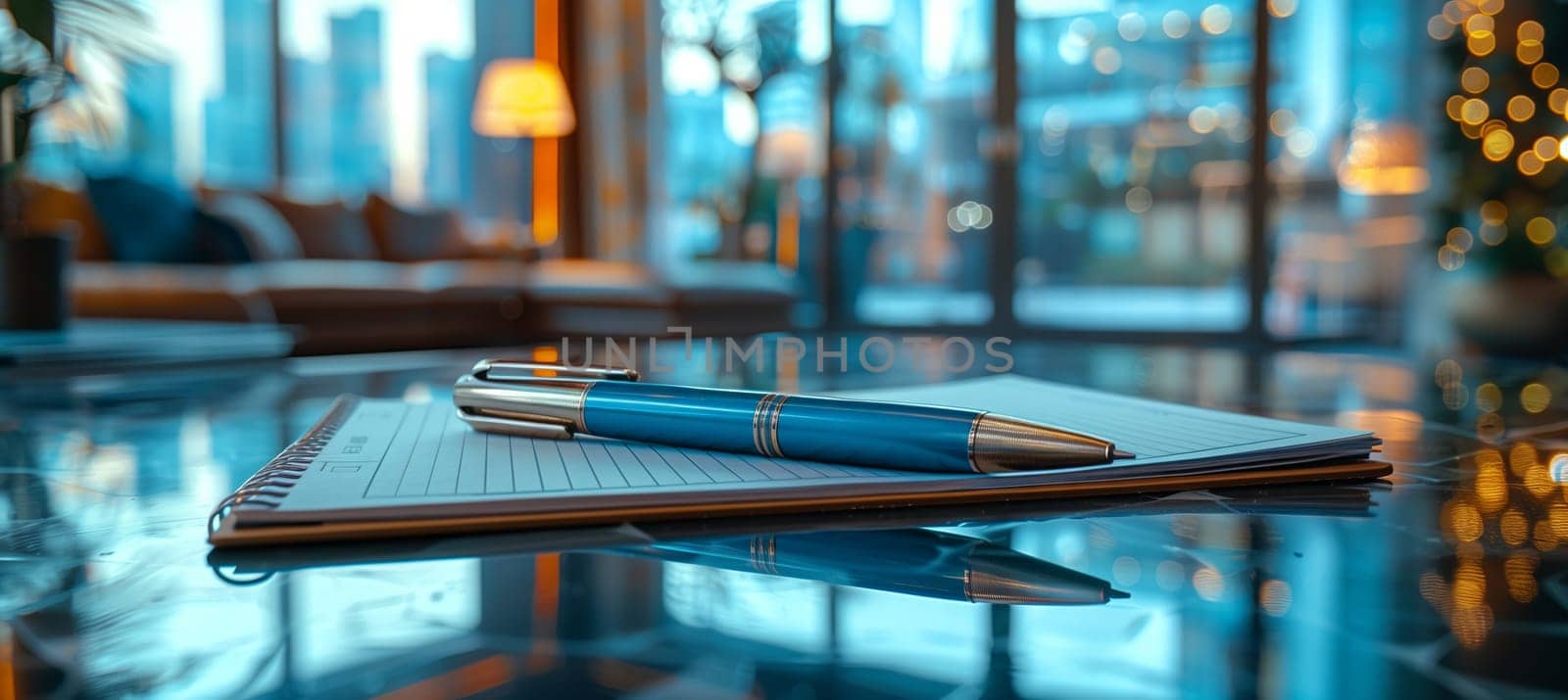 In the room, a pen in electric blue rests on a notebook atop a glass table. Its reflection blends with the tints and shades of the window, creating a tranquil atmosphere