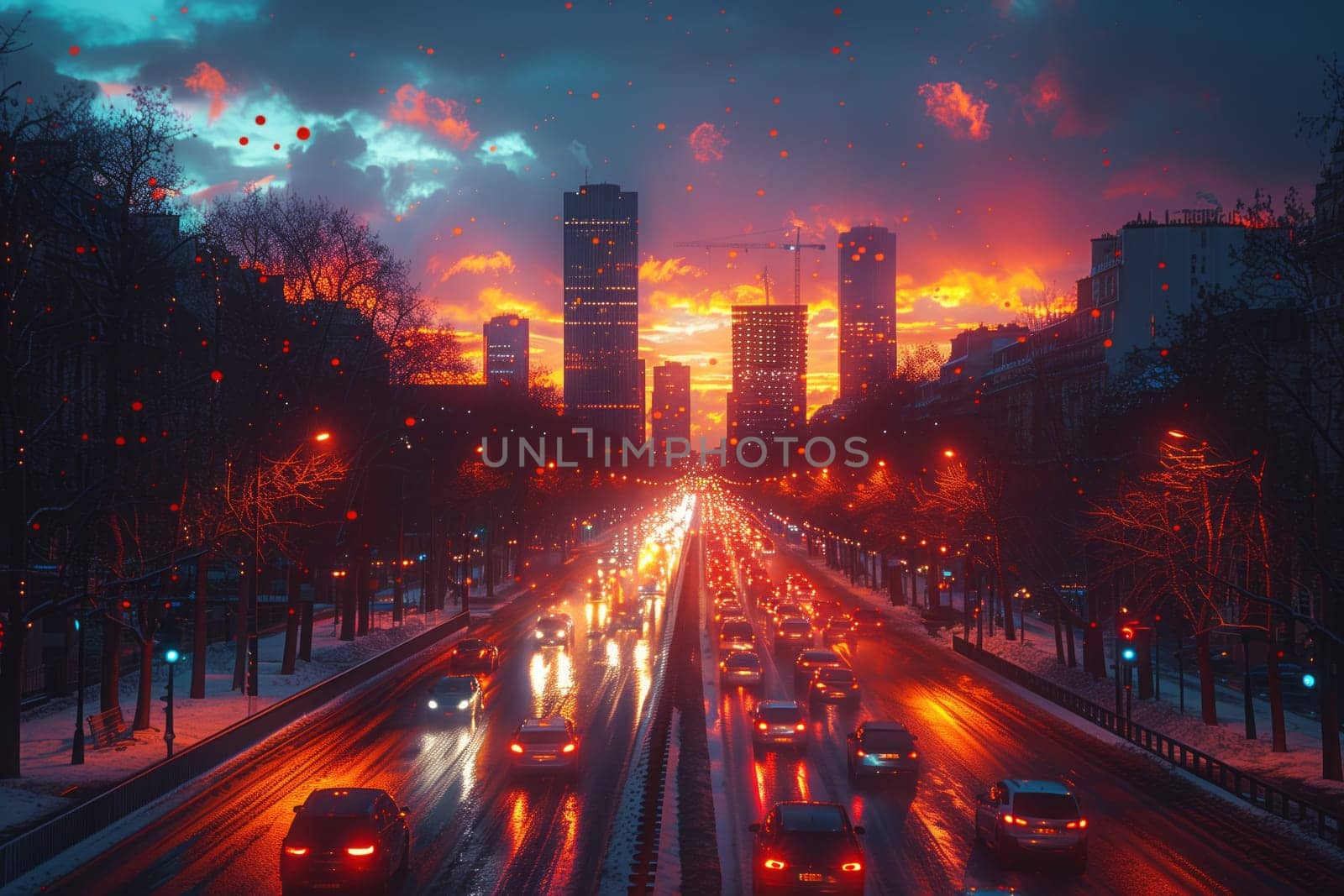 a busy highway with a city in the background at sunset by richwolf
