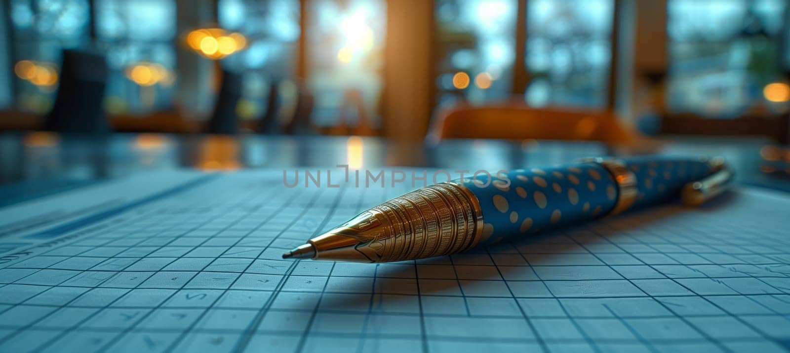 A metallic pen rests on a sheet of paper atop a wooden table, surrounded by office supplies. The pens electric blue ink contrasts beautifully with the stationery