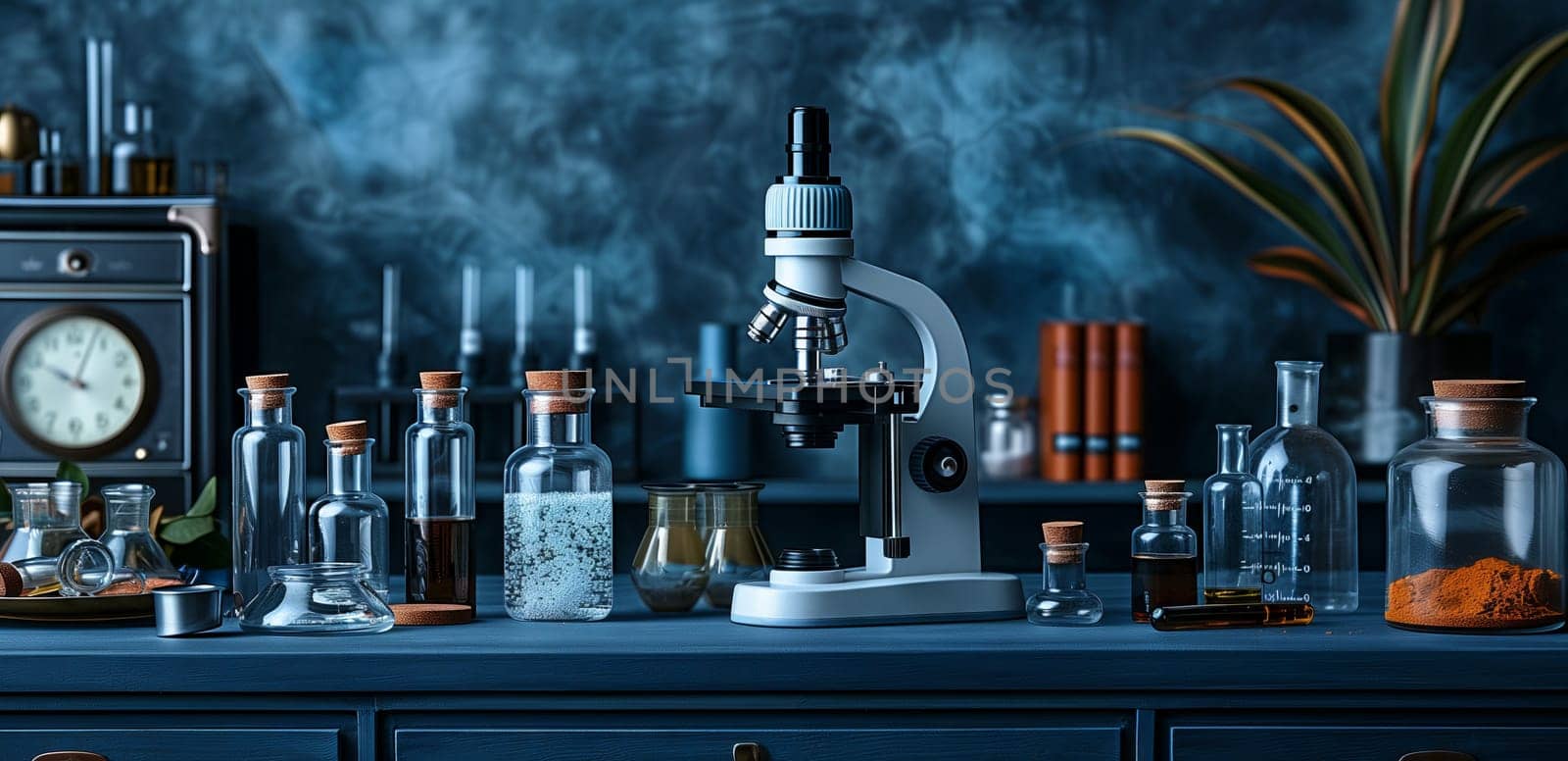 a microscope is sitting on top of a table surrounded by bottles and a clock by richwolf